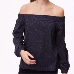 EUC Loft shimmer metallic charcoal off shoulder long blouson sleeve blouse top